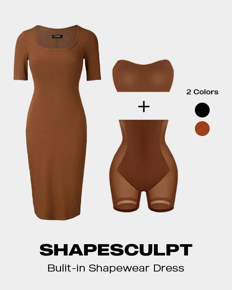Built-in Removable Shapewear Bra Pad Bodycon Midi Dress Knitted Ribbed Square Neck Short Sleeve Basic Party Dresses