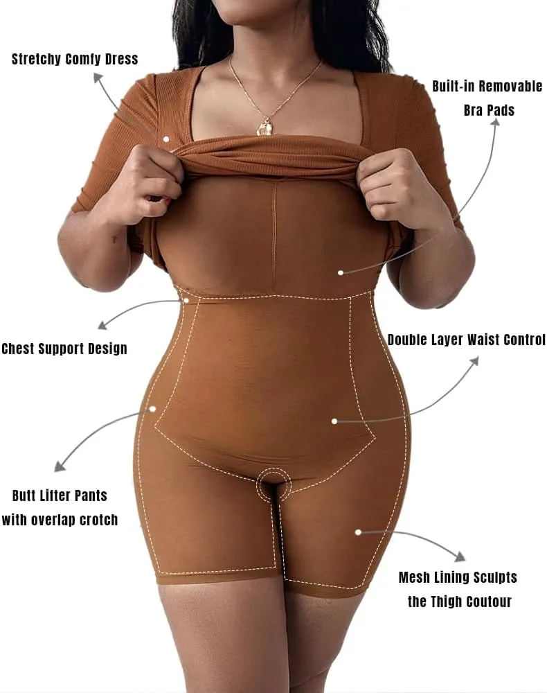 Built-in Removable Shapewear Bra Pad Bodycon Midi Dress Knitted Ribbed Square Neck Short Sleeve Basic Party Dresses