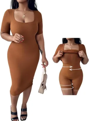 Built-in Removable Shapewear Bra Pad Bodycon Midi Dress Knitted Ribbed Square Neck Short Sleeve Basic Party Dresses