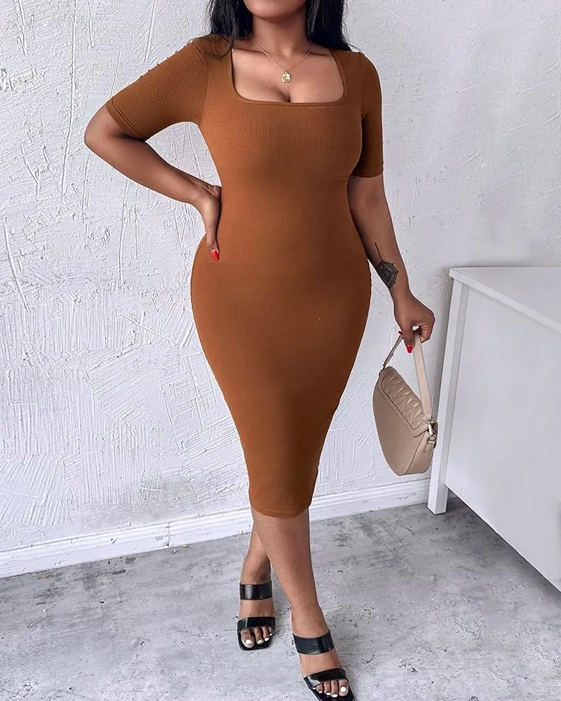 Built-in Removable Shapewear Bra Pad Bodycon Midi Dress Knitted Ribbed Square Neck Short Sleeve Basic Party Dresses