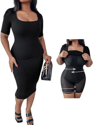Built-in Removable Shapewear Bra Pad Bodycon Midi Dress Knitted Ribbed Square Neck Short Sleeve Basic Party Dresses