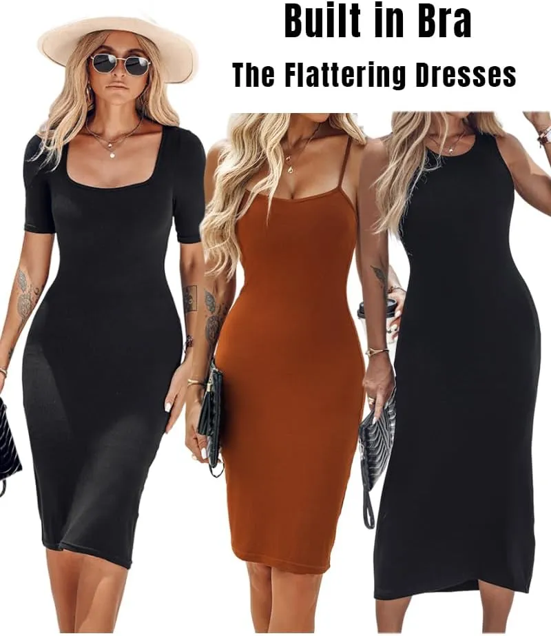 Built-in Removable Shapewear Bra Pad Bodycon Midi Dress Knitted Ribbed Square Neck Short Sleeve Basic Party Dresses