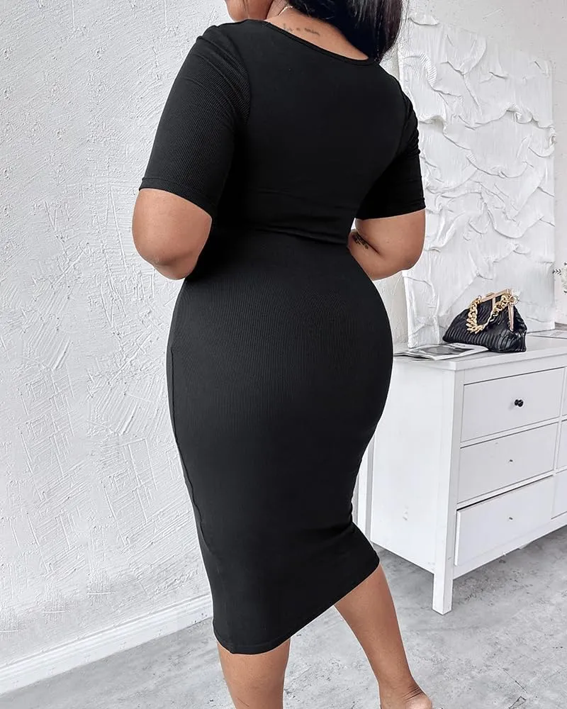 Built-in Removable Shapewear Bra Pad Bodycon Midi Dress Knitted Ribbed Square Neck Short Sleeve Basic Party Dresses