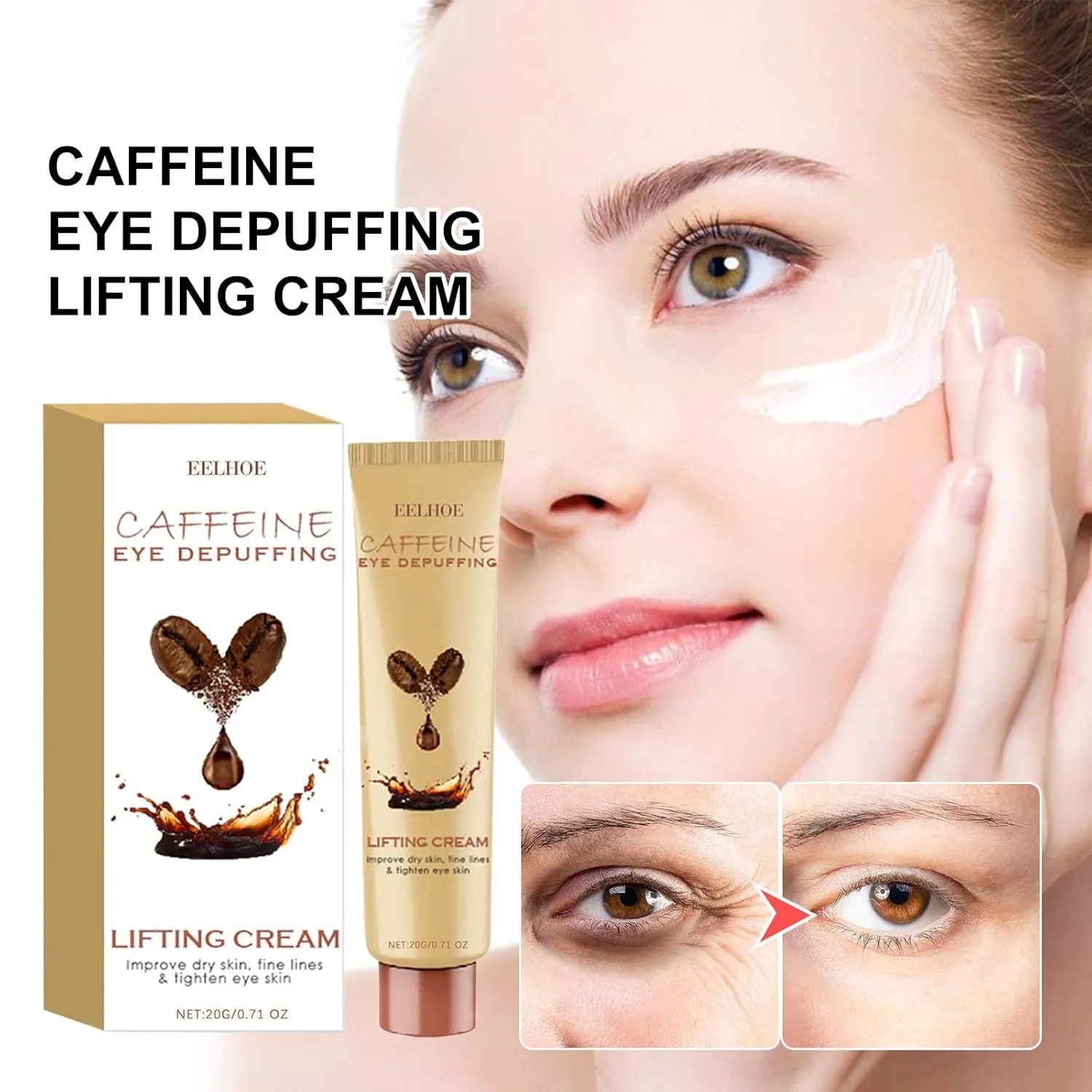Caffeine Eye Depuffing Lifting Cream, Eye Lift Cream Firming/Tightening Skin Instant for Women, Reduce Puffiness, Wrinkles, Dark Circles, Crows Feet and Under Eyes Bags (3)