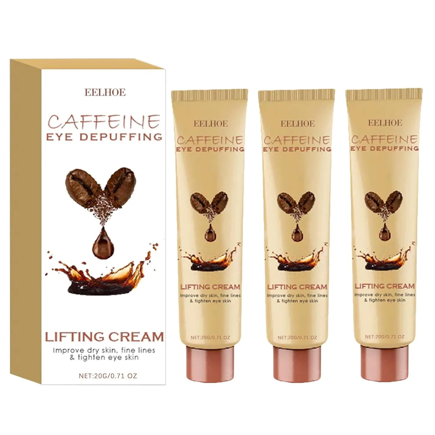 Caffeine Eye Depuffing Lifting Cream, Eye Lift Cream Firming/Tightening Skin Instant for Women, Reduce Puffiness, Wrinkles, Dark Circles, Crows Feet and Under Eyes Bags (3)