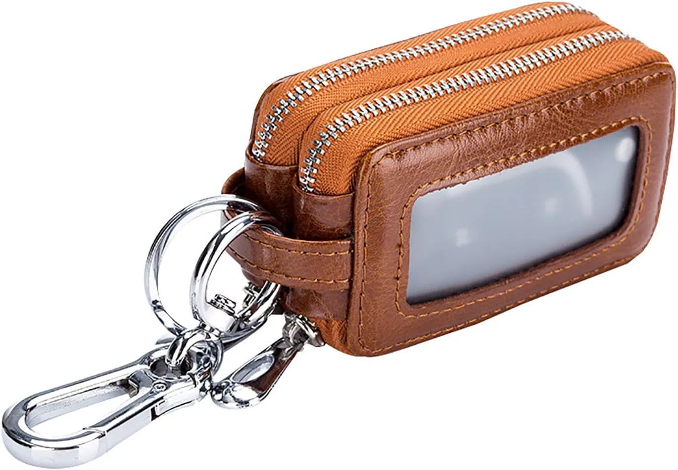 Car Key Chain Bag Double Zipper Leather Protection Key Coin Holder Keyring with Transparent Window