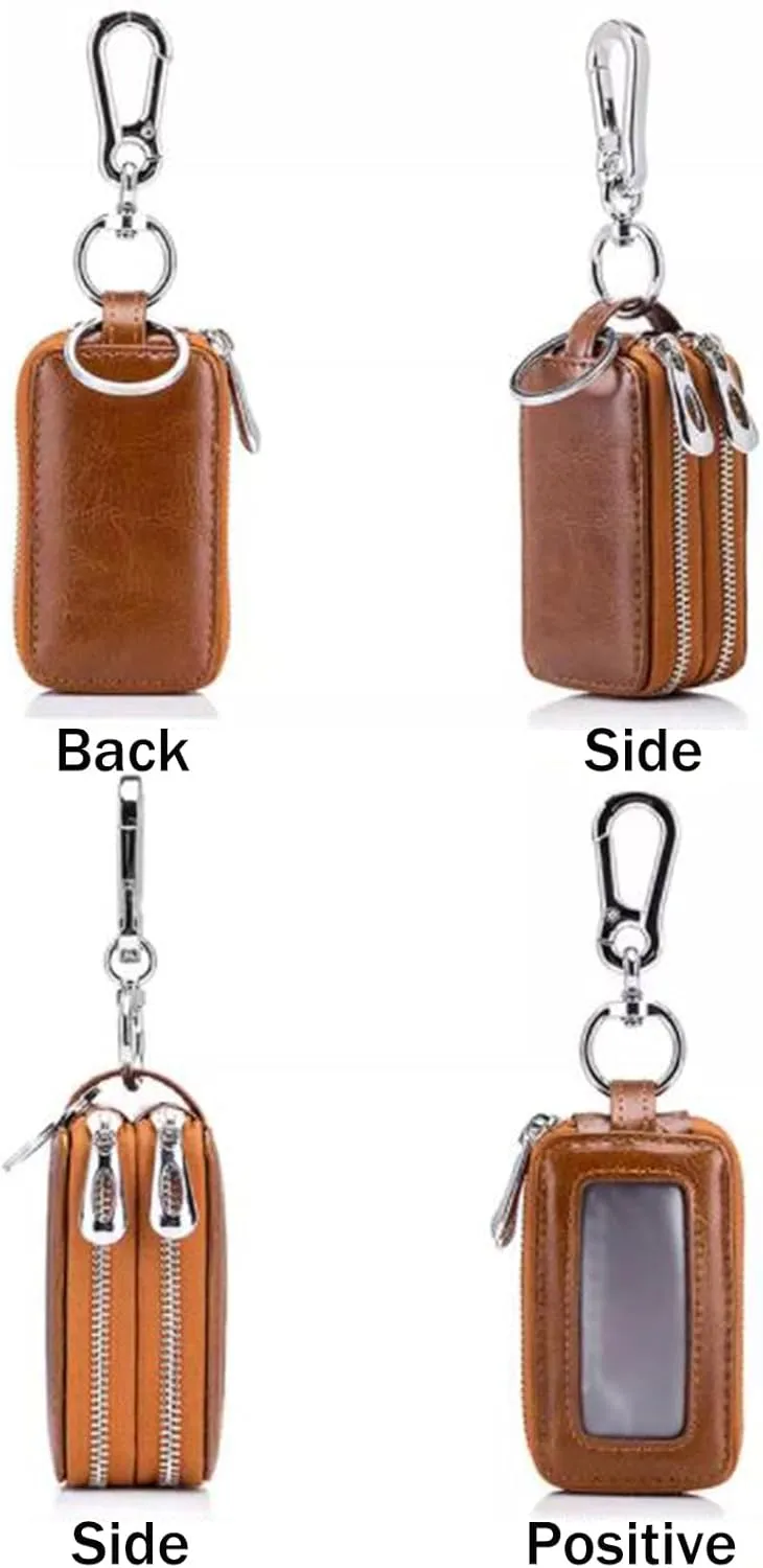 Car Key Chain Bag Double Zipper Leather Protection Key Coin Holder Keyring with Transparent Window