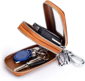 Car Key Chain Bag Double Zipper Leather Protection Key Coin Holder Keyring with Transparent Window