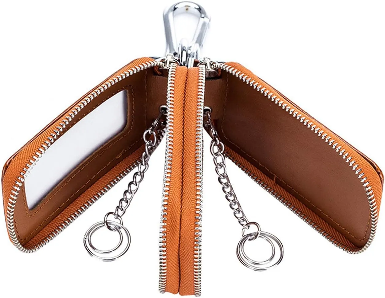 Car Key Chain Bag Double Zipper Leather Protection Key Coin Holder Keyring with Transparent Window