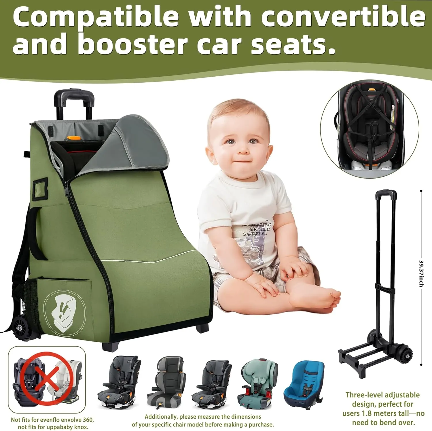 Car Seat Travel Bag with Wheels, Carseat Travel Bag for Airplane, Padded Car Seat Backpack,Gate Check Bag with Shoulder Strap, Car Seat Carrier for Airport, Green