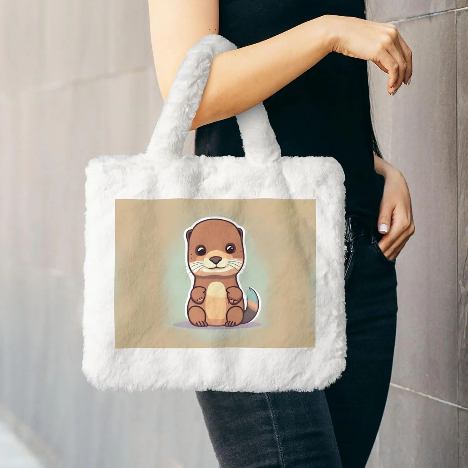 Cartoon Cute Otter Printing Fluffy Shoulder Bag Ladies Plush Underarm Bag Tote Bag Furry Purse Handbag For Work Travel