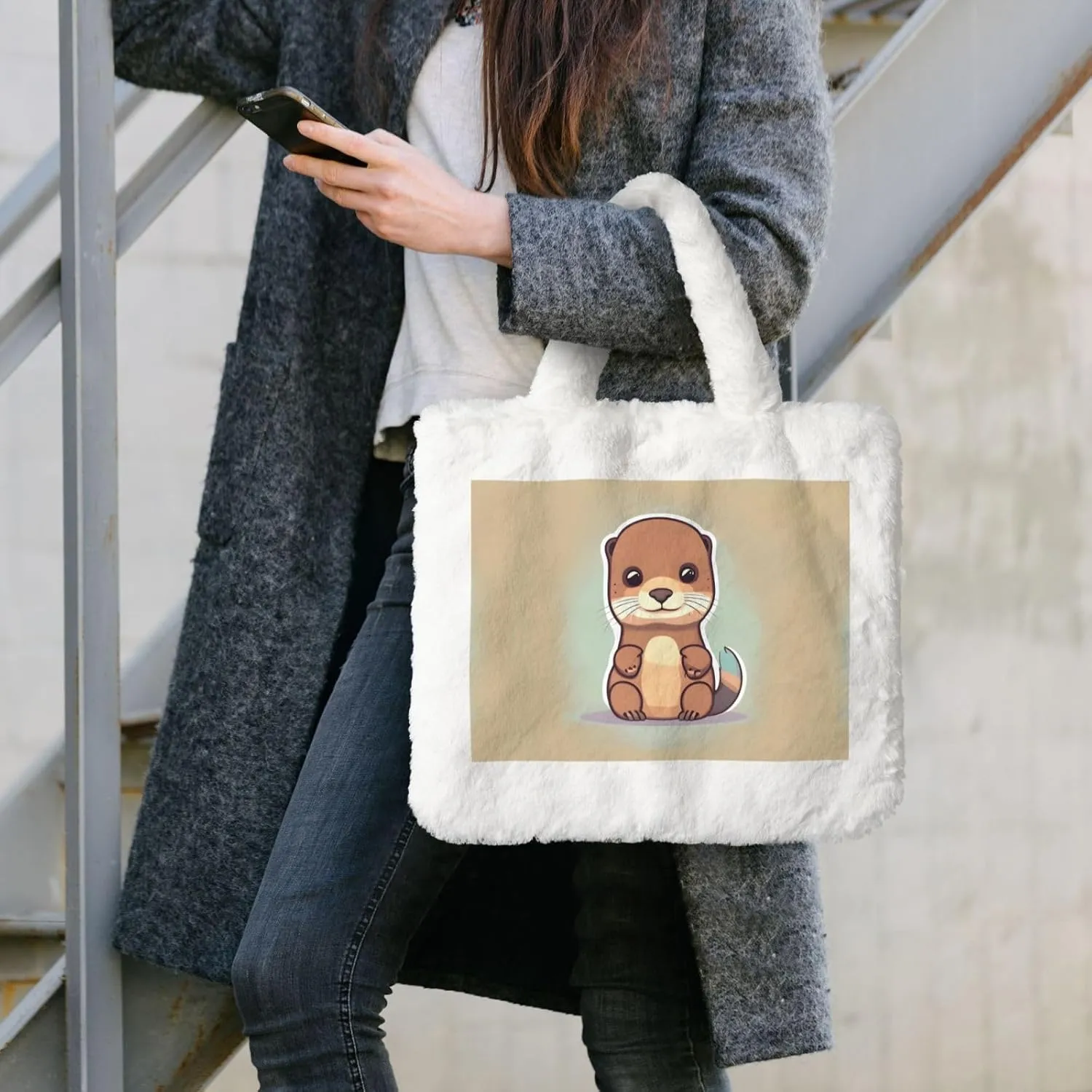 Cartoon Cute Otter Printing Fluffy Shoulder Bag Ladies Plush Underarm Bag Tote Bag Furry Purse Handbag For Work Travel