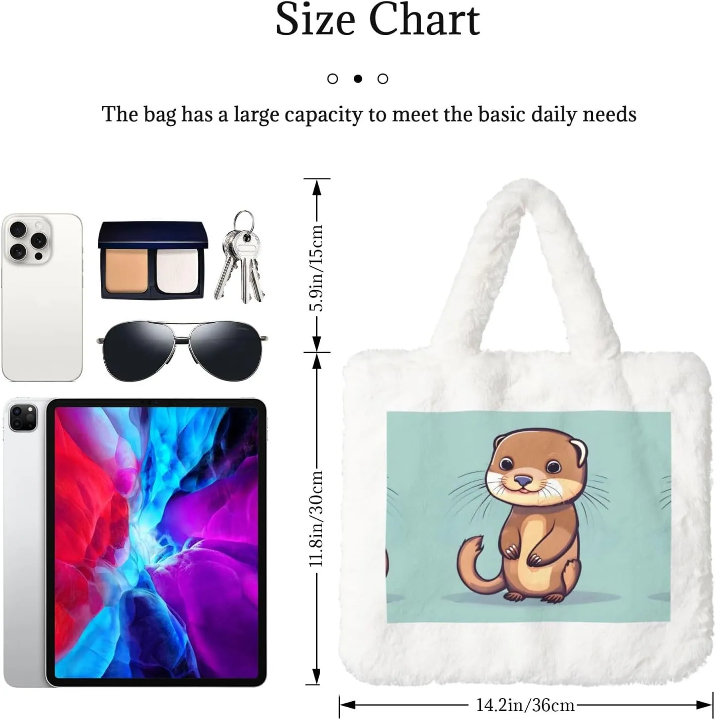 Cartoon Cute Otters Printing Fluffy Shoulder Bag Ladies Plush Underarm Bag Tote Bag Furry Purse Handbag For Work Travel