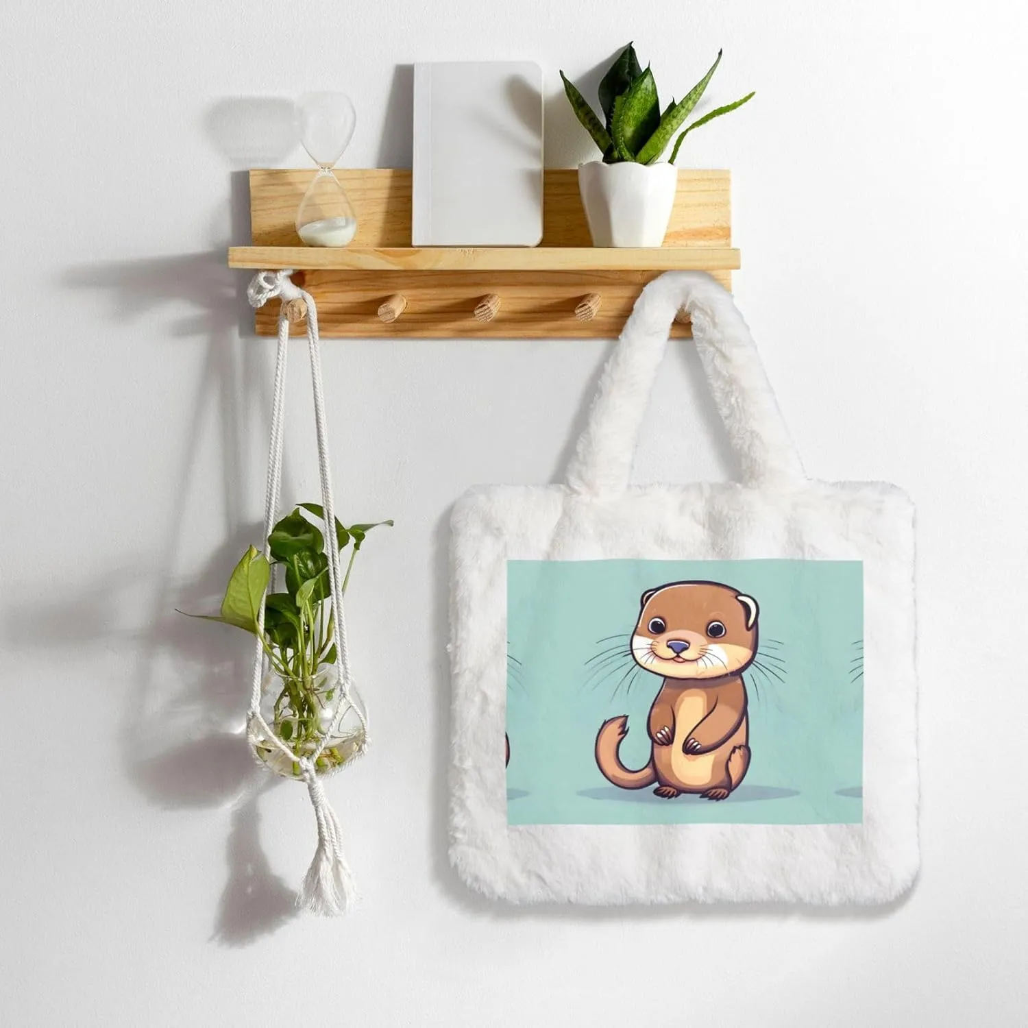 Cartoon Cute Otters Printing Fluffy Shoulder Bag Ladies Plush Underarm Bag Tote Bag Furry Purse Handbag For Work Travel