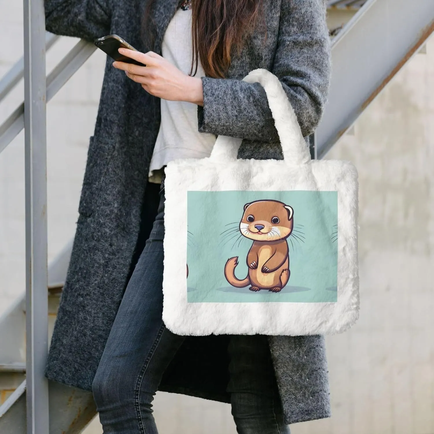 Cartoon Cute Otters Printing Fluffy Shoulder Bag Ladies Plush Underarm Bag Tote Bag Furry Purse Handbag For Work Travel
