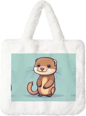 Cartoon Cute Otters Printing Fluffy Shoulder Bag Ladies Plush Underarm Bag Tote Bag Furry Purse Handbag For Work Travel