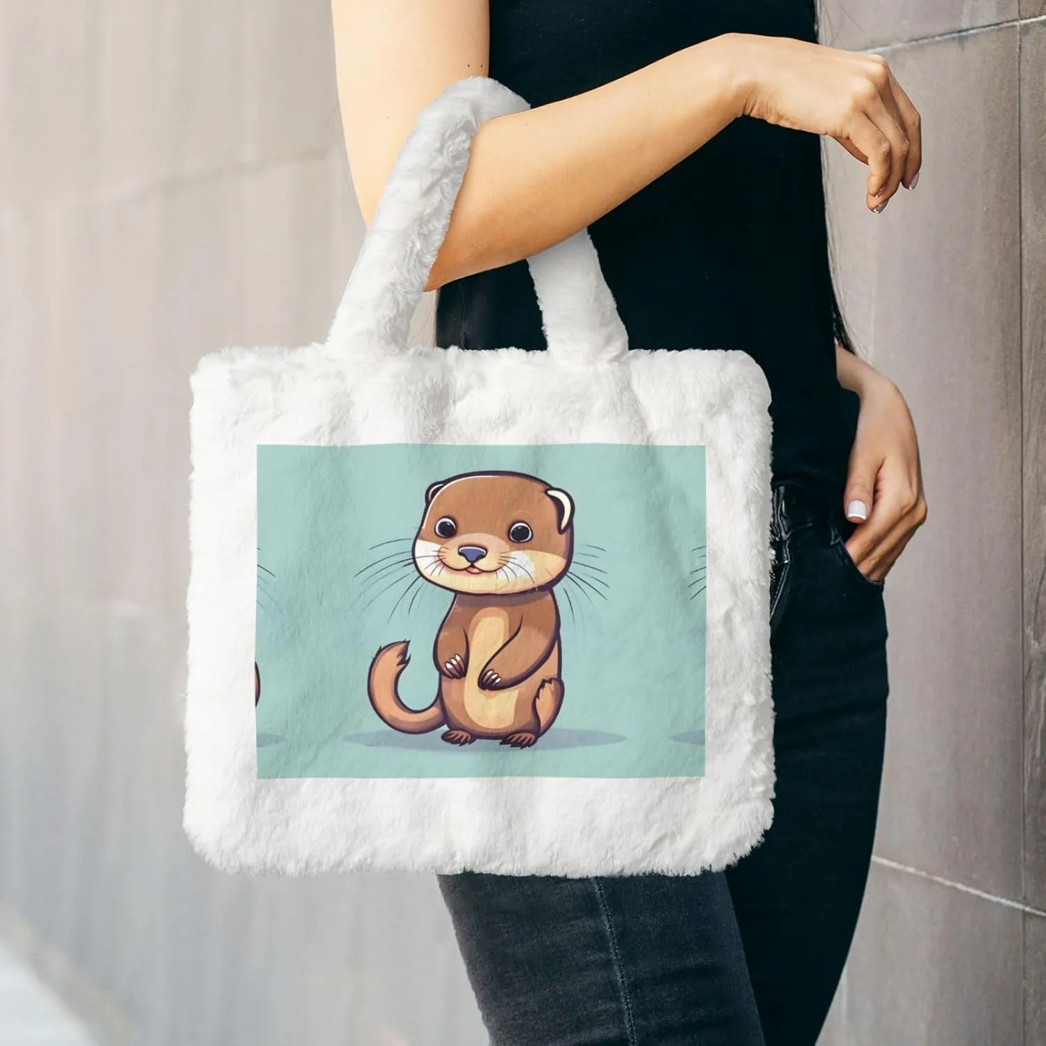 Cartoon Cute Otters Printing Fluffy Shoulder Bag Ladies Plush Underarm Bag Tote Bag Furry Purse Handbag For Work Travel