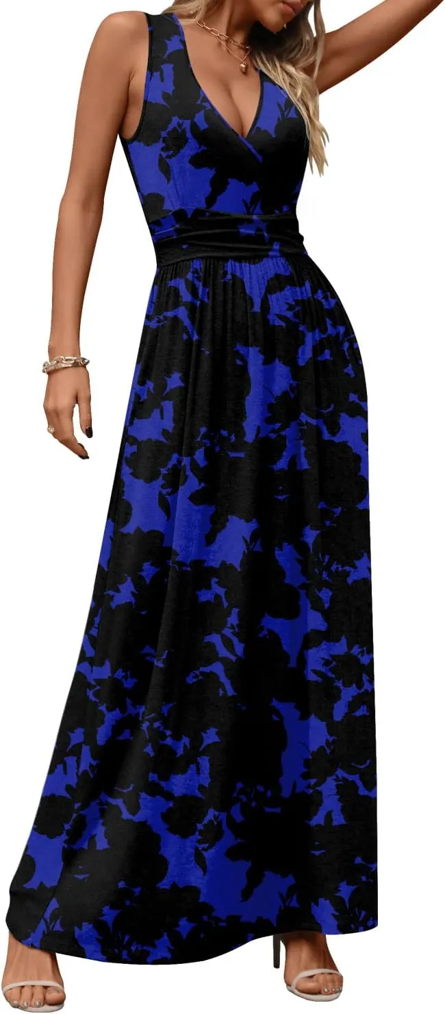 CATHY Women's Casual Sleeveless Deep V Neck Beach Waist Maxi Dresses with Pockets