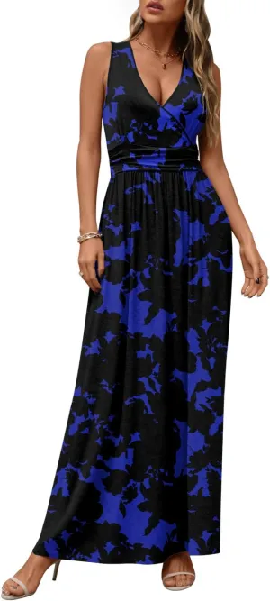 CATHY Women's Casual Sleeveless Deep V Neck Beach Waist Maxi Dresses with Pockets