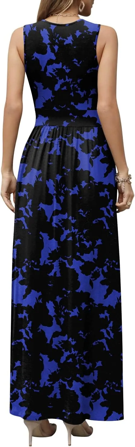 CATHY Women's Casual Sleeveless Deep V Neck Beach Waist Maxi Dresses with Pockets