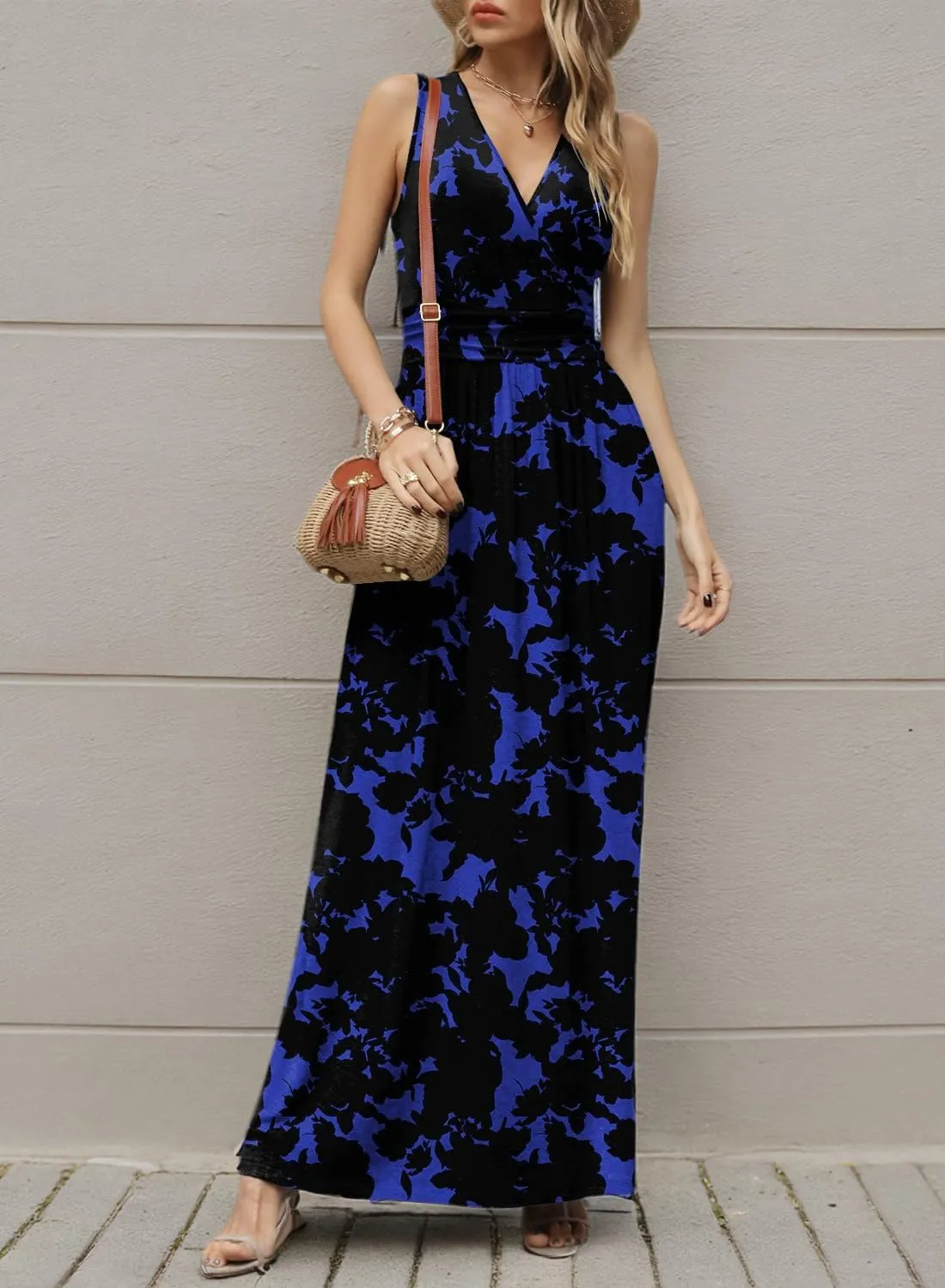 CATHY Women's Casual Sleeveless Deep V Neck Beach Waist Maxi Dresses with Pockets
