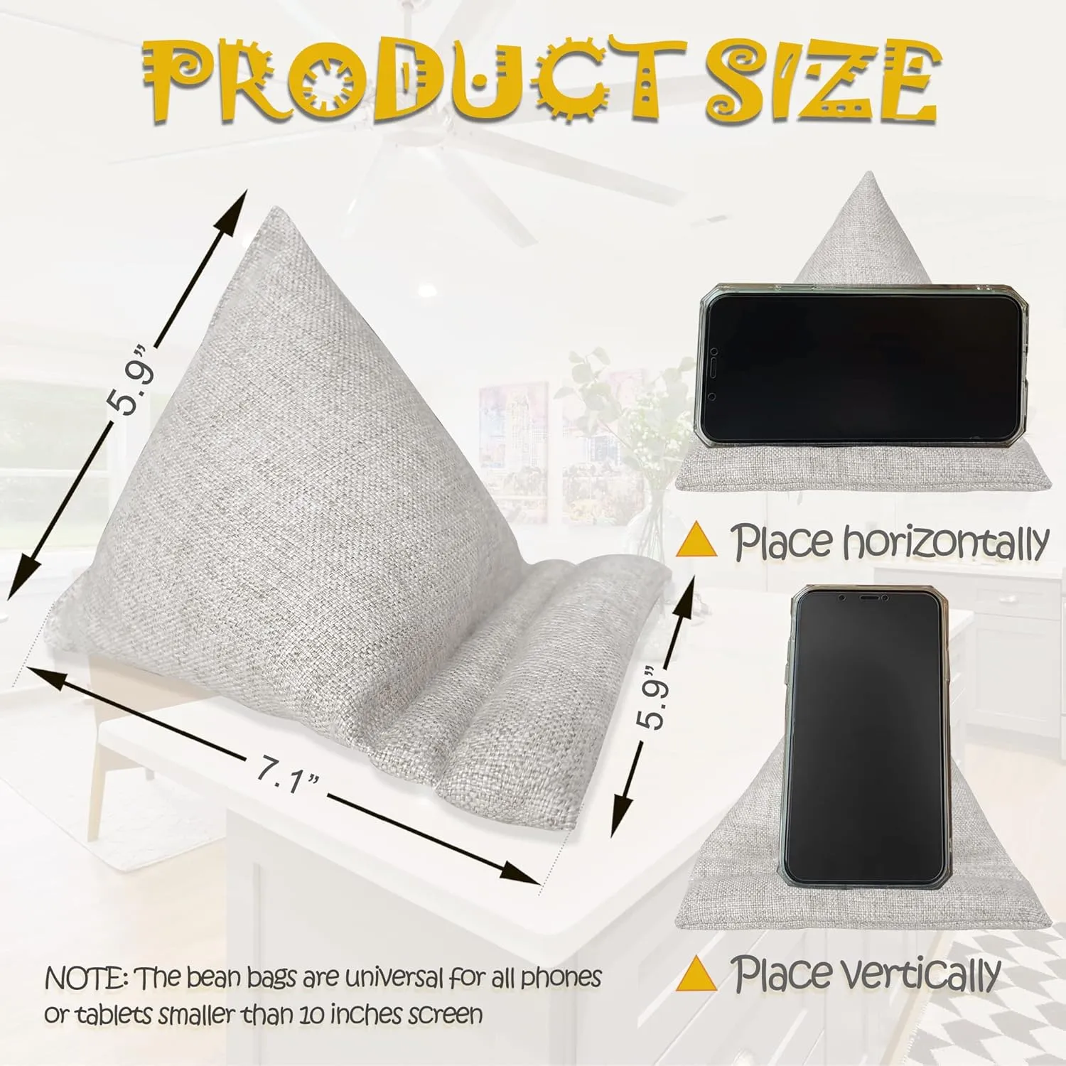 Cell Phone Holder for Bed, Phone Stand Bean Bags Soft Fabric Pillows Portable for Travel Universal for All Smartphones, Mini Tablets iPads, Natural