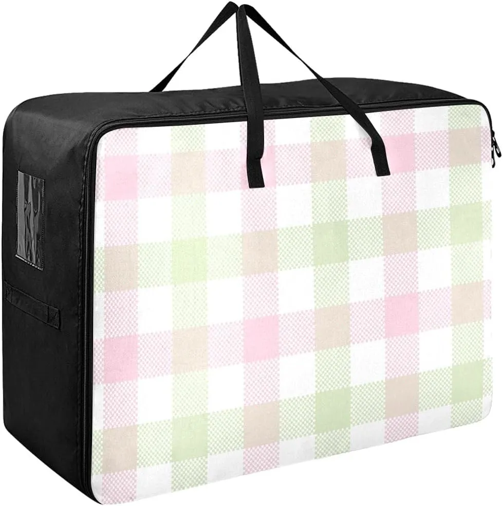 Checkered Pink and Green Storage Bag Moving Supplies with Sturdy Handle and Durable Zipper, Zippered Storage Bag for Moving