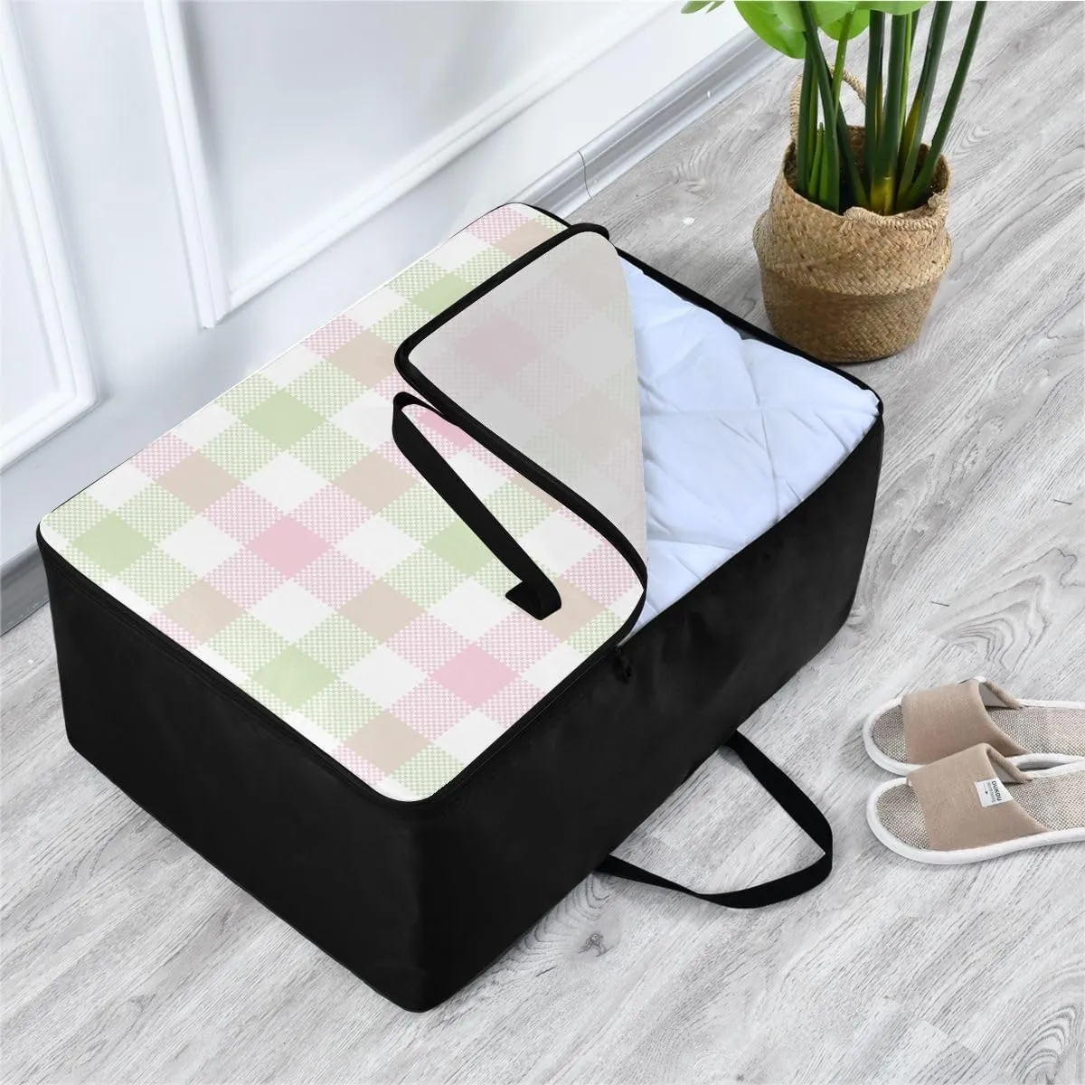 Checkered Pink and Green Storage Bag Moving Supplies with Sturdy Handle and Durable Zipper, Zippered Storage Bag for Moving