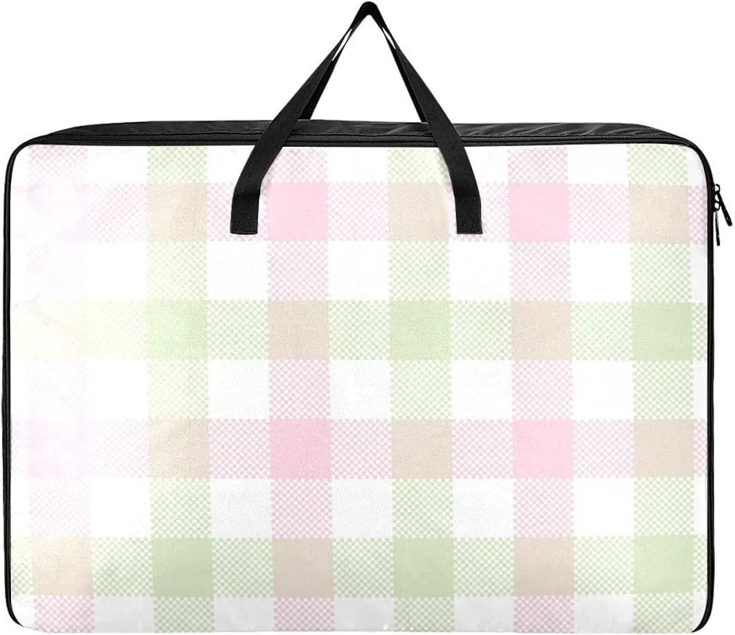 Checkered Pink and Green Storage Bag Moving Supplies with Sturdy Handle and Durable Zipper, Zippered Storage Bag for Moving