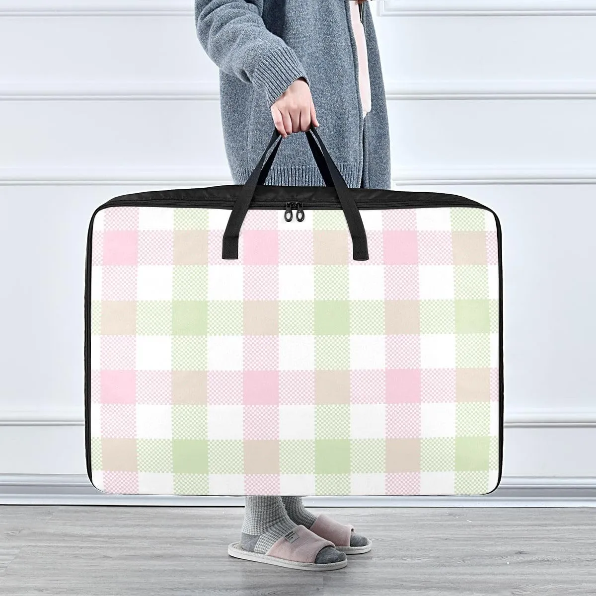 Checkered Pink and Green Storage Bag Moving Supplies with Sturdy Handle and Durable Zipper, Zippered Storage Bag for Moving