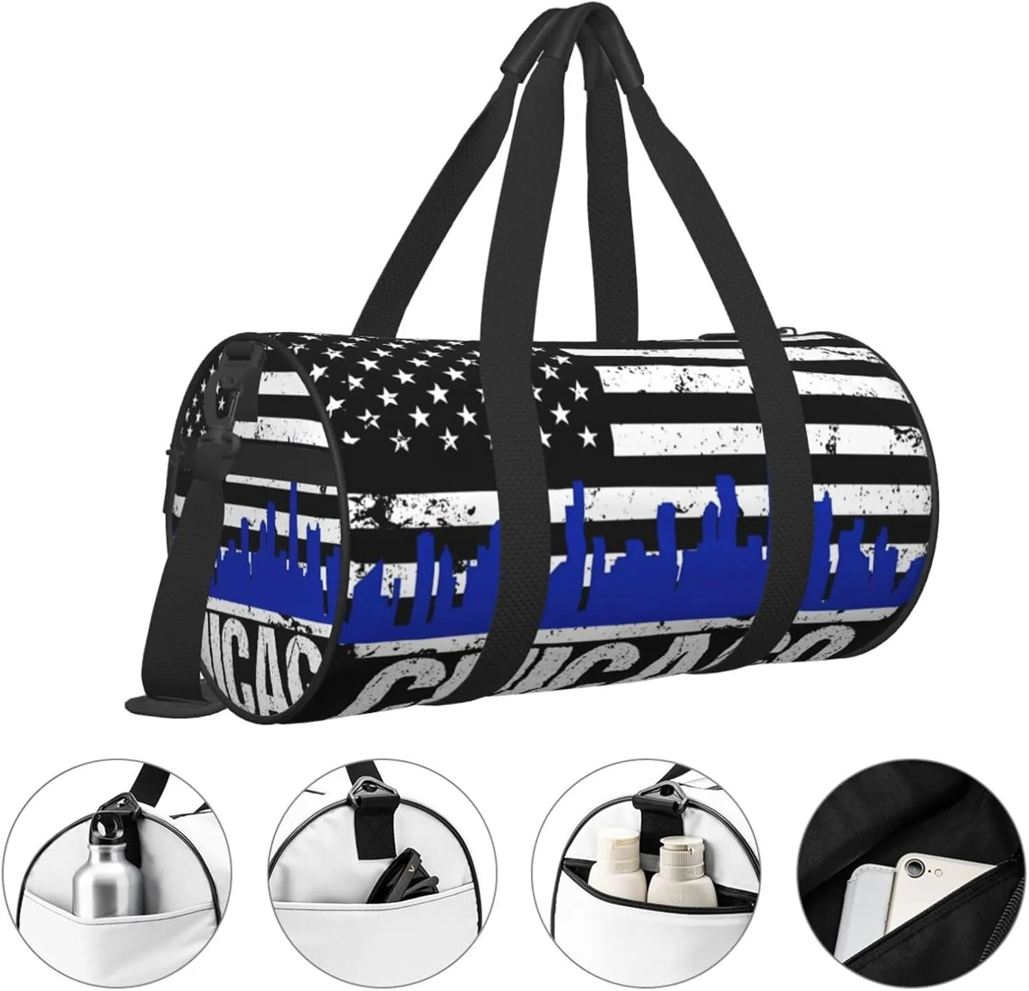 Chicago City Skyline American Flag Round Travel Duffel Bag Large Capacity Gym Sports Bags for Hiking Vacation Trips