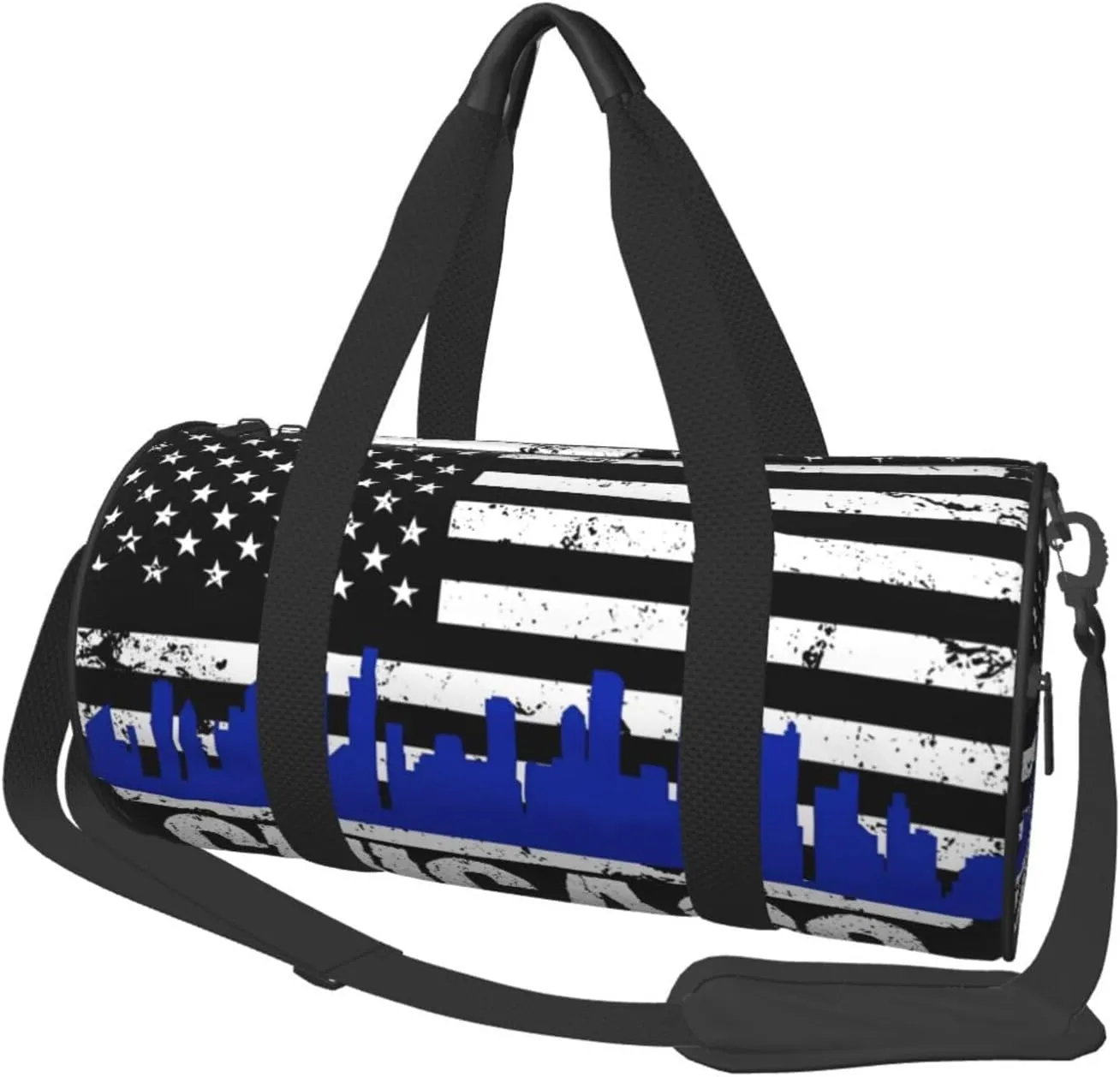 Chicago City Skyline American Flag Round Travel Duffel Bag Large Capacity Gym Sports Bags for Hiking Vacation Trips