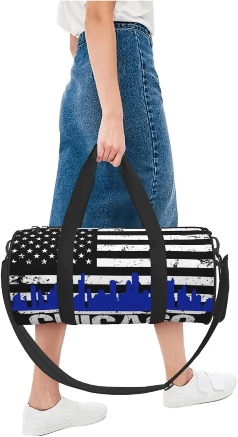 Chicago City Skyline American Flag Round Travel Duffel Bag Large Capacity Gym Sports Bags for Hiking Vacation Trips