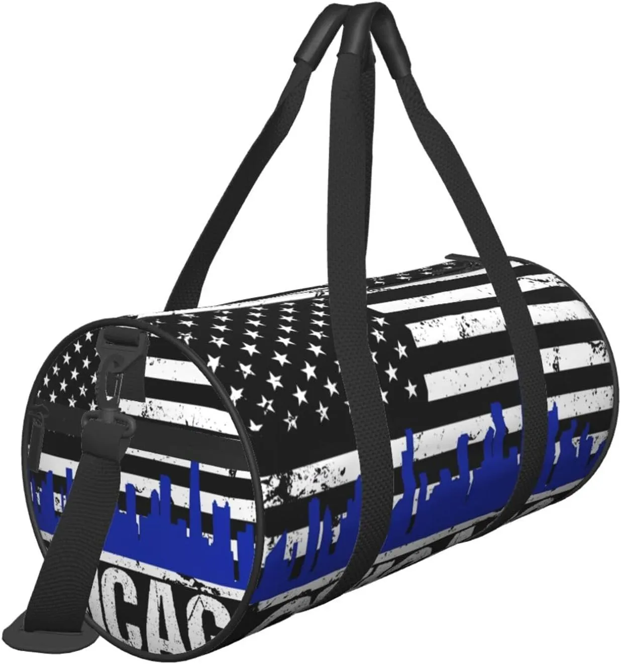 Chicago City Skyline American Flag Round Travel Duffel Bag Large Capacity Gym Sports Bags for Hiking Vacation Trips