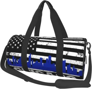 Chicago City Skyline American Flag Round Travel Duffel Bag Large Capacity Gym Sports Bags for Hiking Vacation Trips