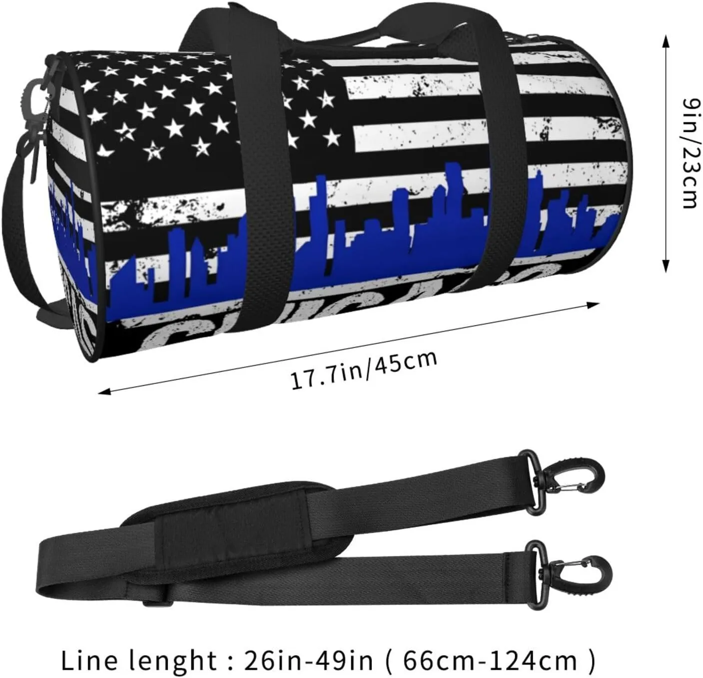 Chicago City Skyline American Flag Round Travel Duffel Bag Large Capacity Gym Sports Bags for Hiking Vacation Trips