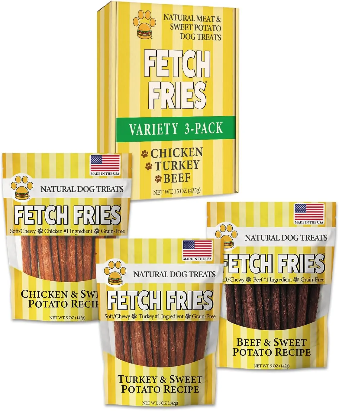 Chicken, Turkey, and Beef with Sweet Potato Dog Treats, Soft Jerky for Small and Large Breeds, Naturally Healthy, Made in The USA, 3-Pack of 5 oz Bags (15 oz Total)