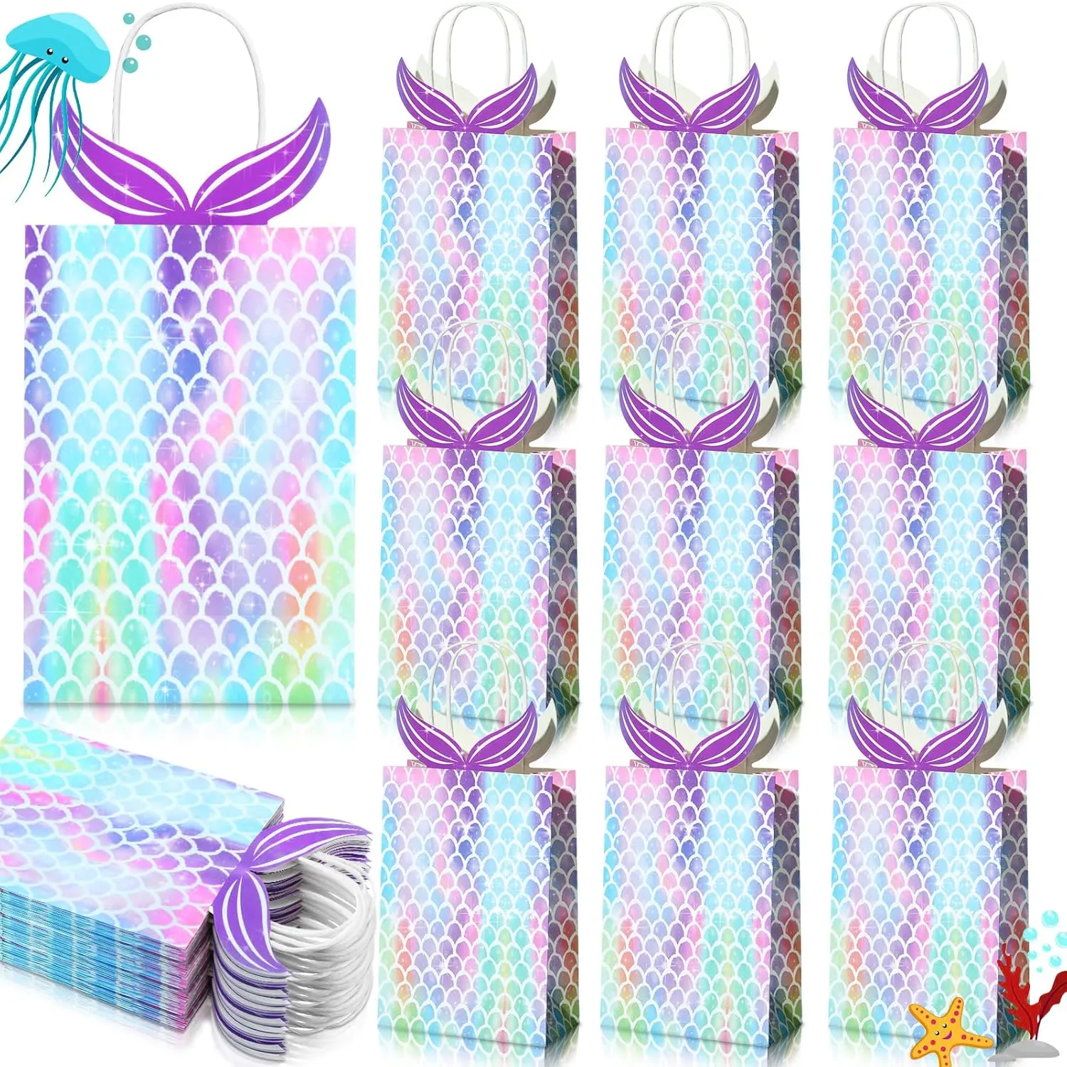 Chinco Mermaid Gift Bags Party Favors Bags Goodie Candy Treat Bags with Handle Mermaid Party Supplies for Girls Birthday Baby Shower Little Decorations(24 Pieces)
