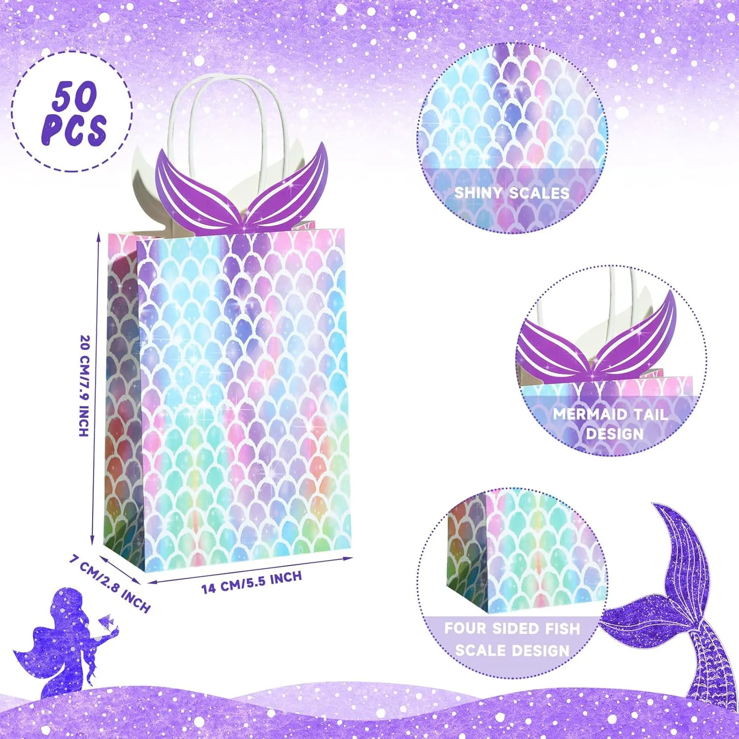 Chinco Mermaid Gift Bags Party Favors Bags Goodie Candy Treat Bags with Handle Mermaid Party Supplies for Girls Birthday Baby Shower Little Decorations(24 Pieces)