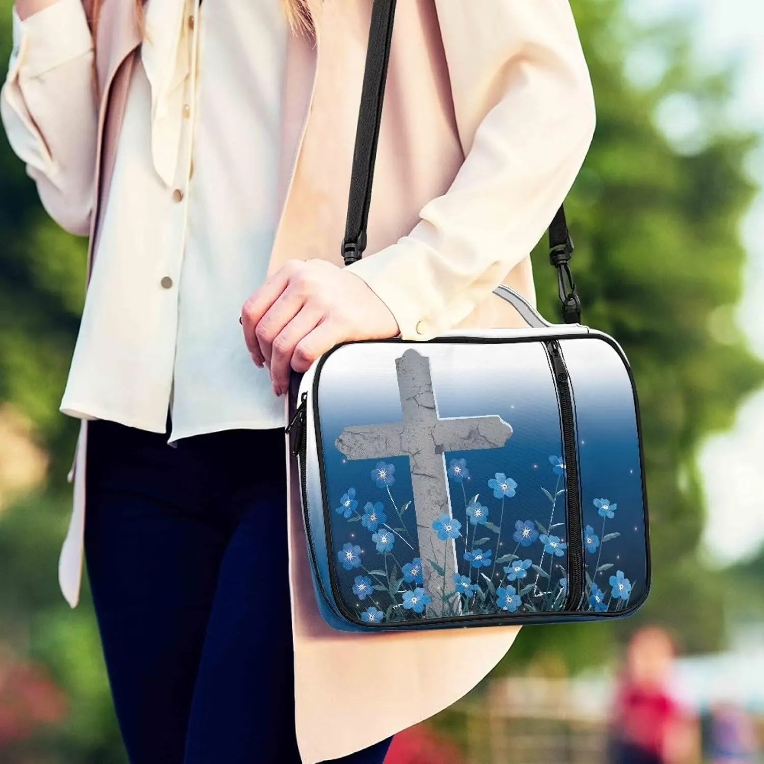 Christian Print Bible Cover,Polyester Bible Case for Women,Cross Floral Bible Bag Bible Case with Shoulder Strap