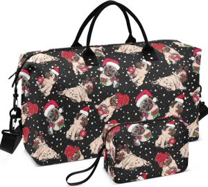 Christmas Cute Pug Starry Duffel Bags for Traveling Cosmetic Bags Set, Floral Animal Luggage Bag Overnight Bag