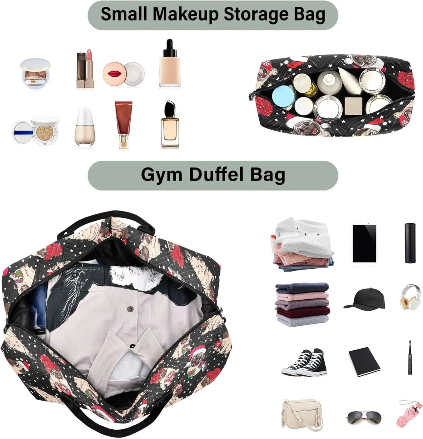 Christmas Cute Pug Starry Duffel Bags for Traveling Cosmetic Bags Set, Floral Animal Luggage Bag Overnight Bag