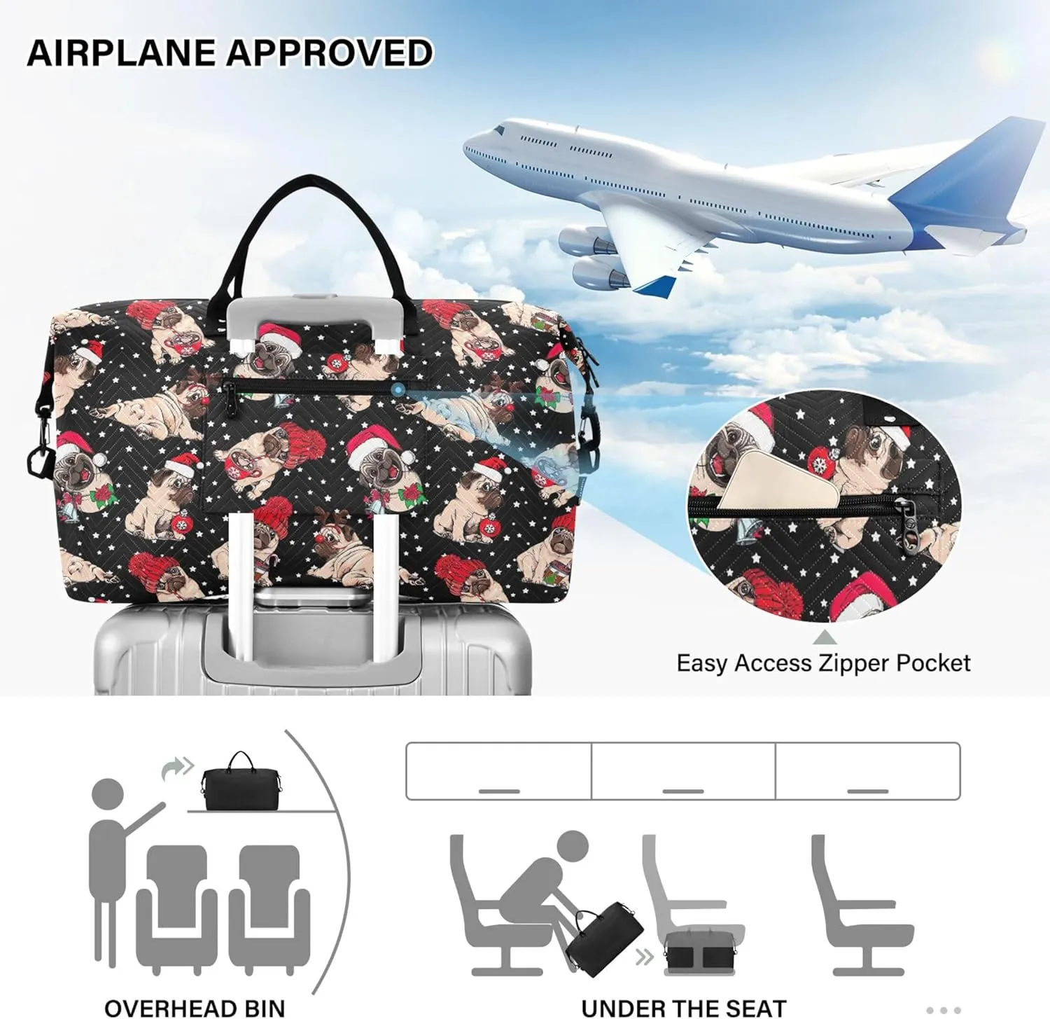 Christmas Cute Pug Starry Duffel Bags for Traveling Cosmetic Bags Set, Floral Animal Luggage Bag Overnight Bag