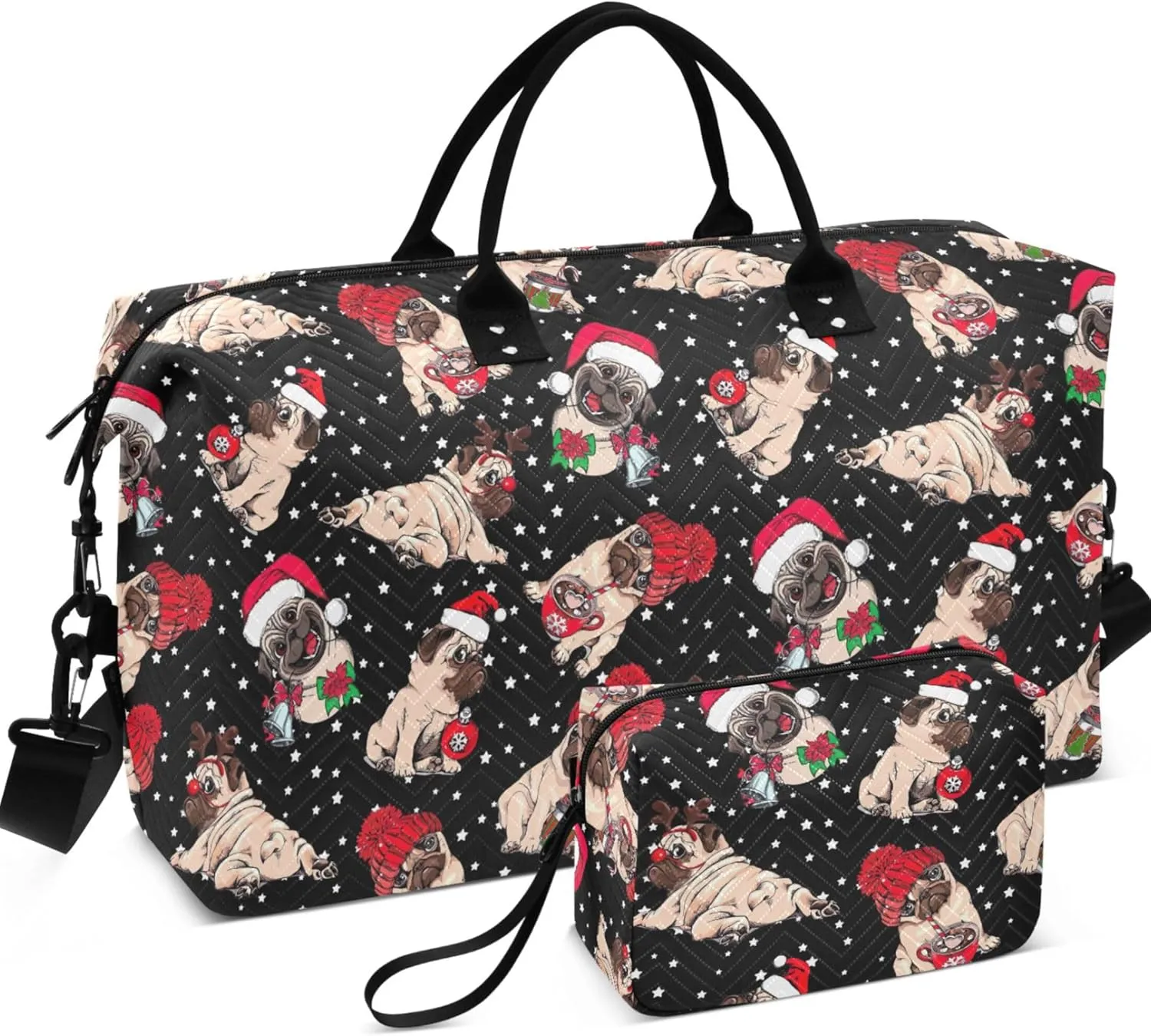Christmas Cute Pug Starry Duffel Bags for Traveling Cosmetic Bags Set, Floral Animal Luggage Bag Overnight Bag