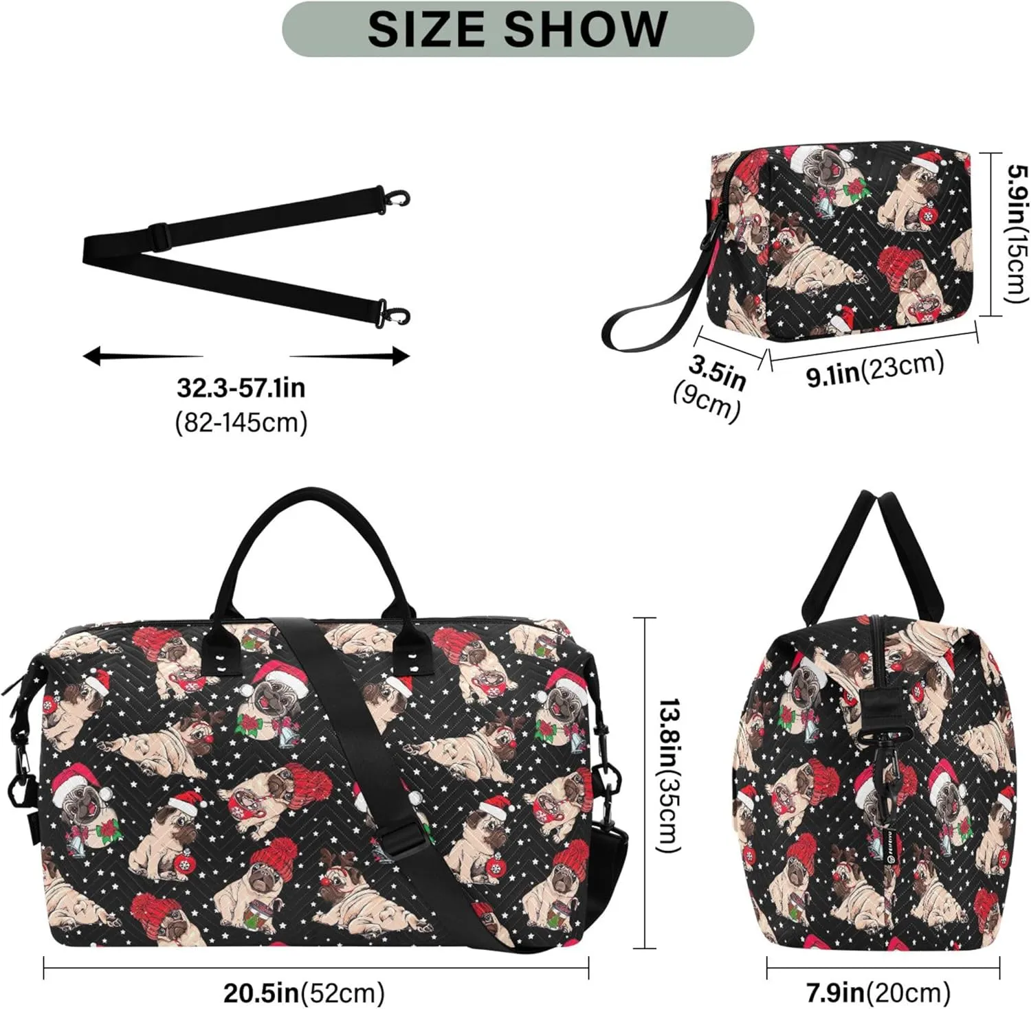 Christmas Cute Pug Starry Duffel Bags for Traveling Cosmetic Bags Set, Floral Animal Luggage Bag Overnight Bag