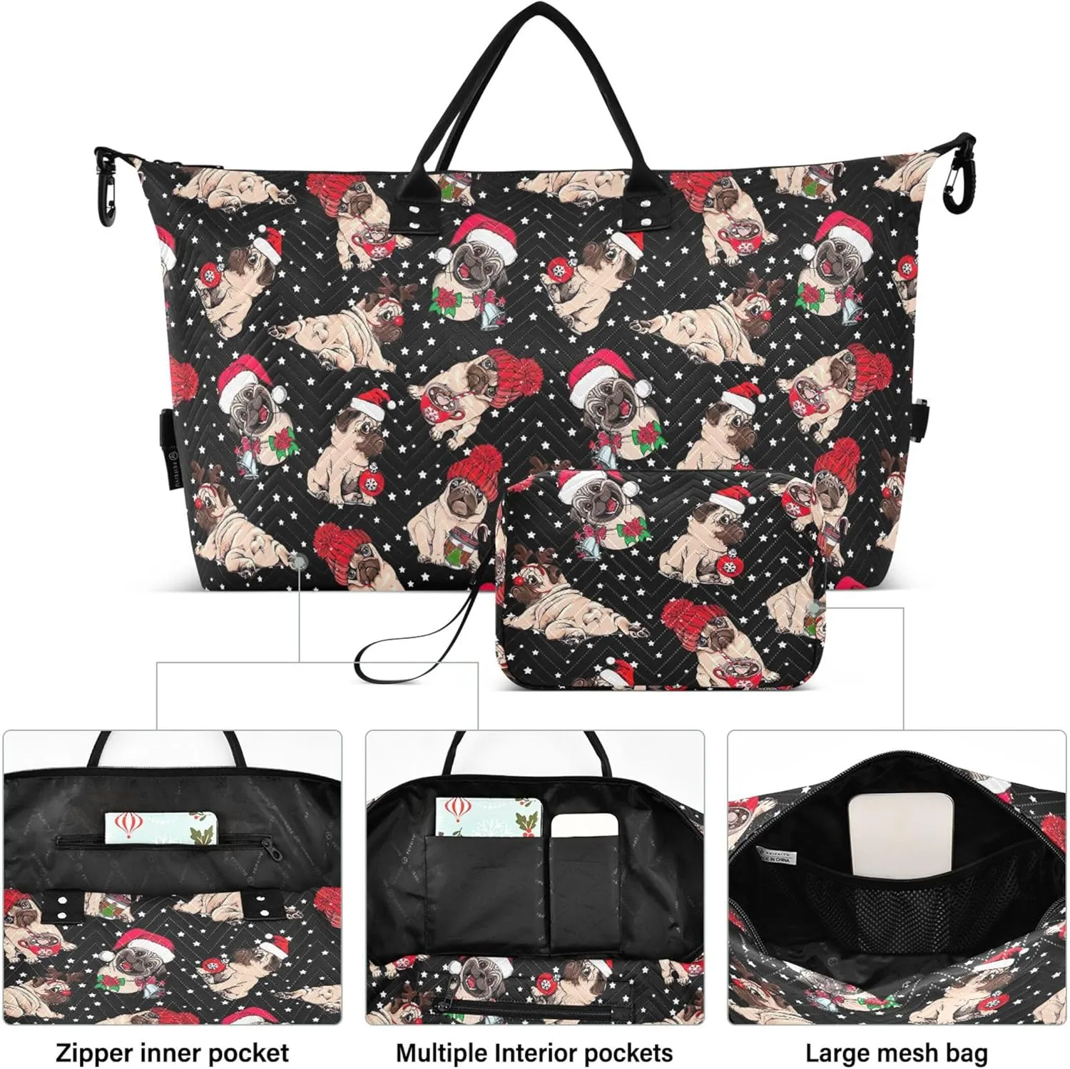 Christmas Cute Pug Starry Duffel Bags for Traveling Cosmetic Bags Set, Floral Animal Luggage Bag Overnight Bag