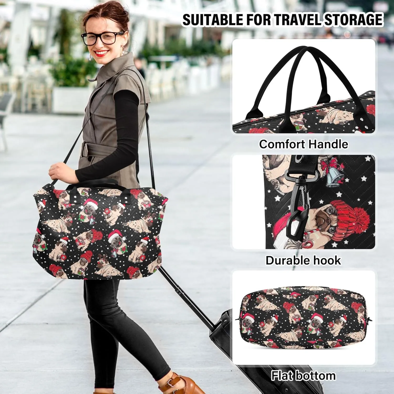Christmas Cute Pug Starry Duffel Bags for Traveling Cosmetic Bags Set, Floral Animal Luggage Bag Overnight Bag
