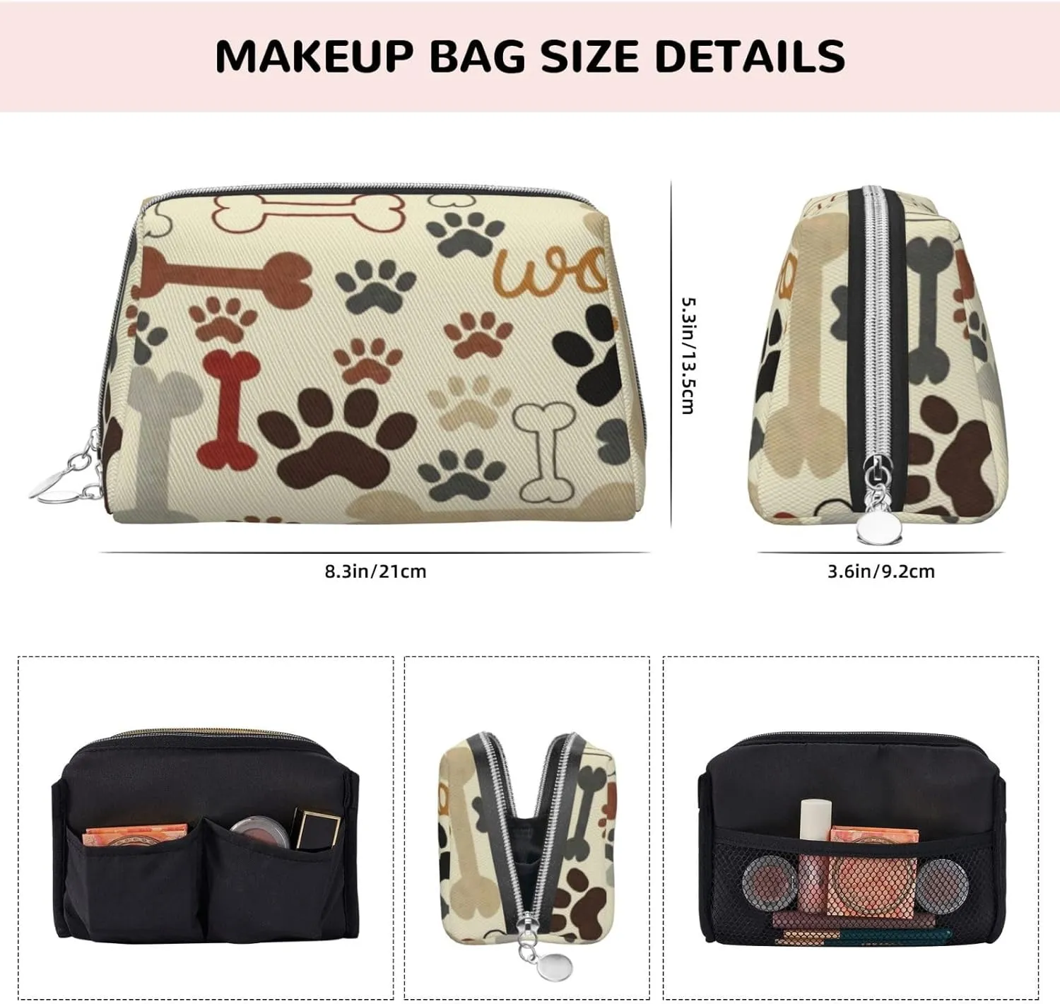 Circles Print,Makeup Bags for Women,Abstract Geometric Pattern Circles Modern,Leather Cosmetic Bag Toiletry Bag Travel Case Waterproof Makeup Pouch,Grey And White,M