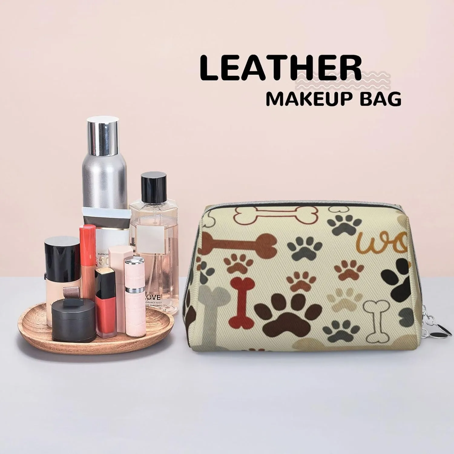 Circles Print,Makeup Bags for Women,Abstract Geometric Pattern Circles Modern,Leather Cosmetic Bag Toiletry Bag Travel Case Waterproof Makeup Pouch,Grey And White,M