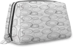Circles Print,Makeup Bags for Women,Abstract Geometric Pattern Circles Modern,Leather Cosmetic Bag Toiletry Bag Travel Case Waterproof Makeup Pouch,Grey And White,M